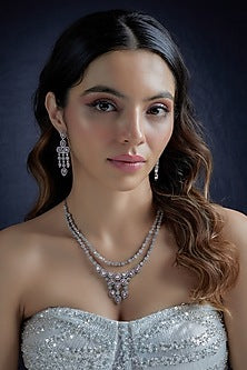 White Finish Zircon & Pink Stone Layered Necklace Set