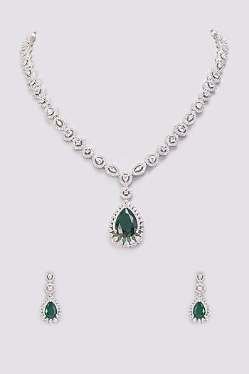 White Finish Zircon & Emerald Synthetic Stone Necklace Set