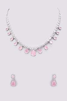 White Finish Zircon & Pink Stone Necklace Set