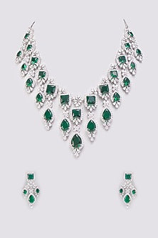 White Finish Emerald Synthetic Stone & Zircon Long Necklace Set