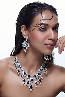 White Finish Emerald Synthetic Stone & Zircon Long Necklace Set