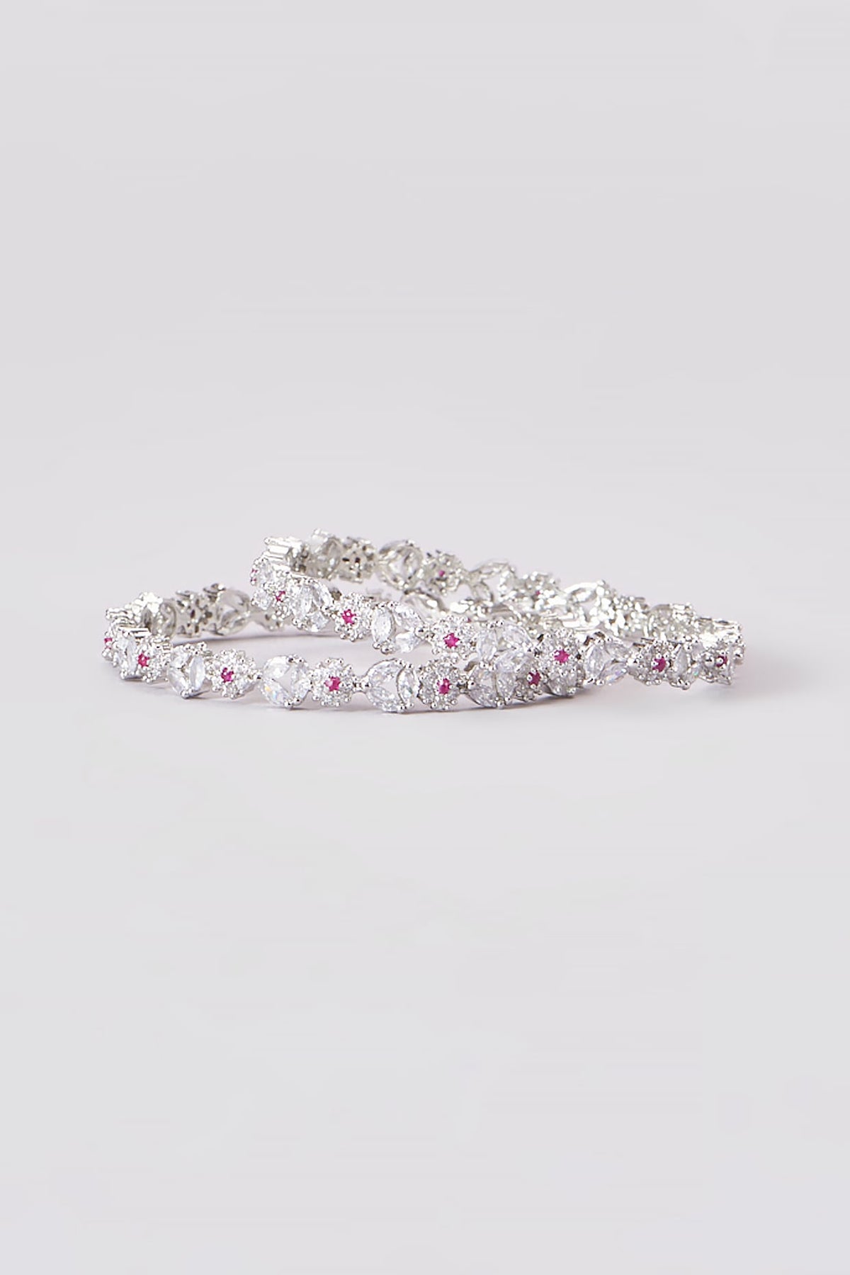 White Finish Zircon & Pink Stone Bangles (Set of 2)