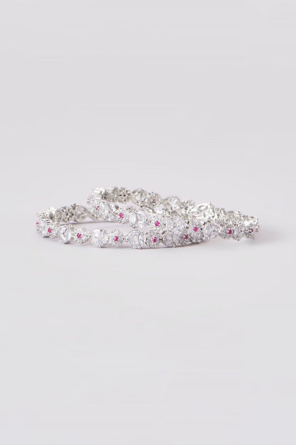 White Finish Zircon & Pink Stone Bangles (Set of 2)