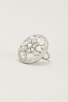 White Finish Zircon & Pearl Ring