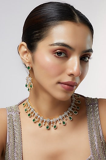 Gold Finish Zircon & Emerald Stone Necklace Set
