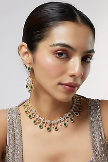 Gold Finish Zircon & Emerald Stone Necklace Set