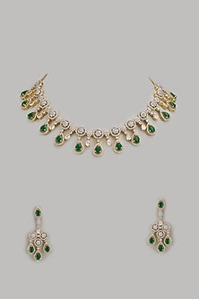 Gold Finish Zircon & Emerald Stone Necklace Set