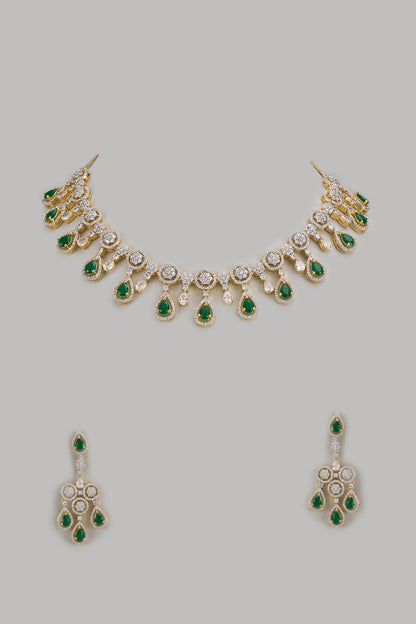 Gold Finish Zircon & Emerald Stone Necklace Set