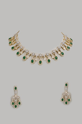 Gold Finish Zircon & Emerald Stone Necklace Set