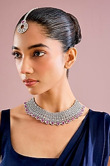 White Finish Ruby Stone Necklace With Maangtikka