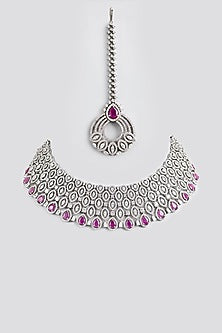 White Finish Ruby Stone Necklace With Maangtikka