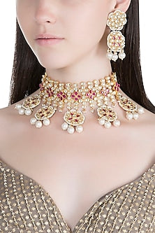 Gold Finish Kundan & Faux Pearl Necklace Set