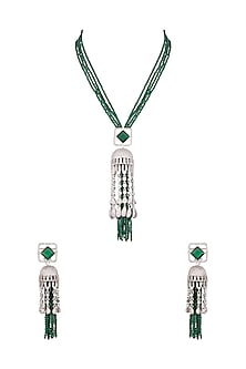 White Finish Faux Diamond & Green Beaded Mala Necklace Set