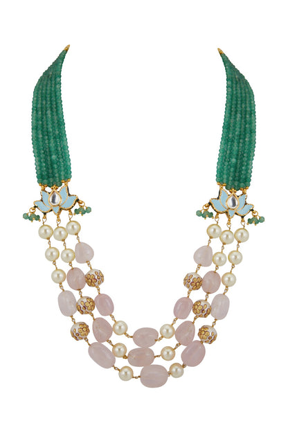Gold Finish Green Beaded Mala Necklace