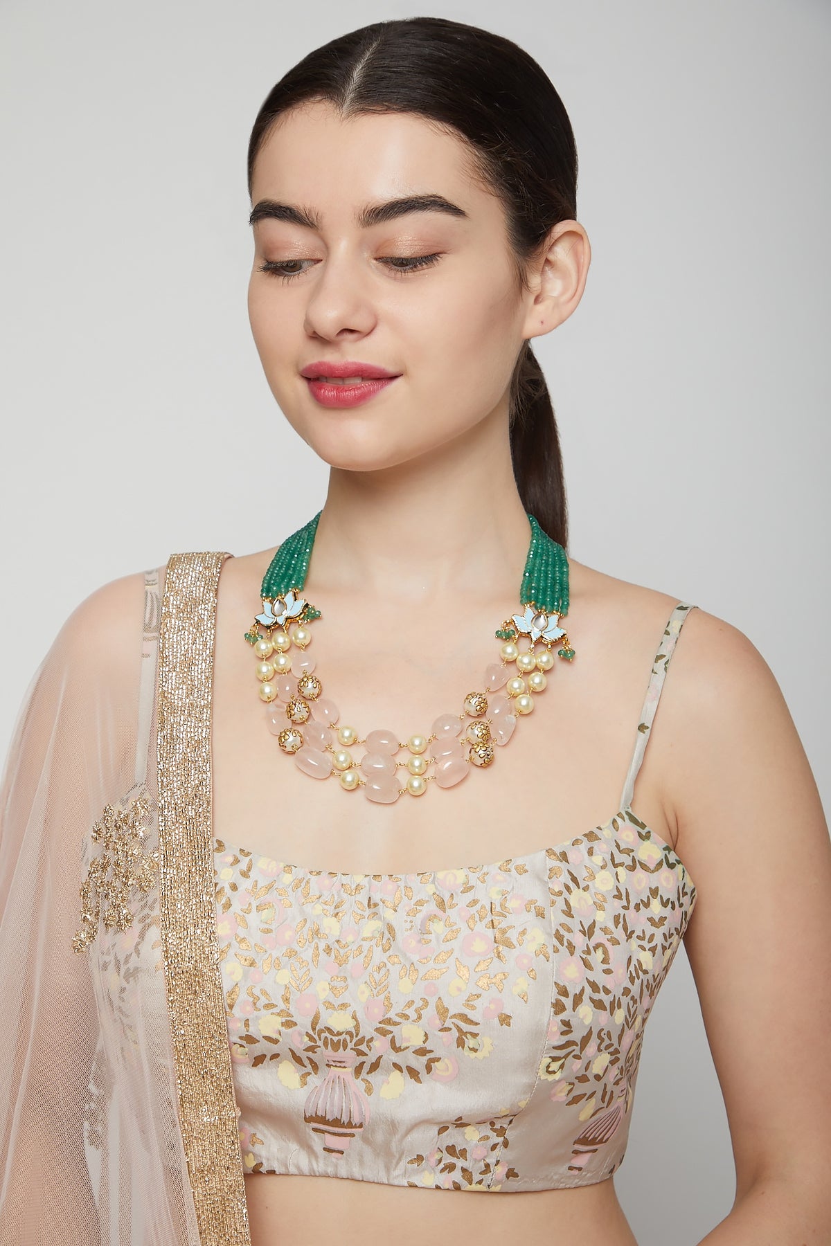 Gold Finish Green Beaded Mala Necklace