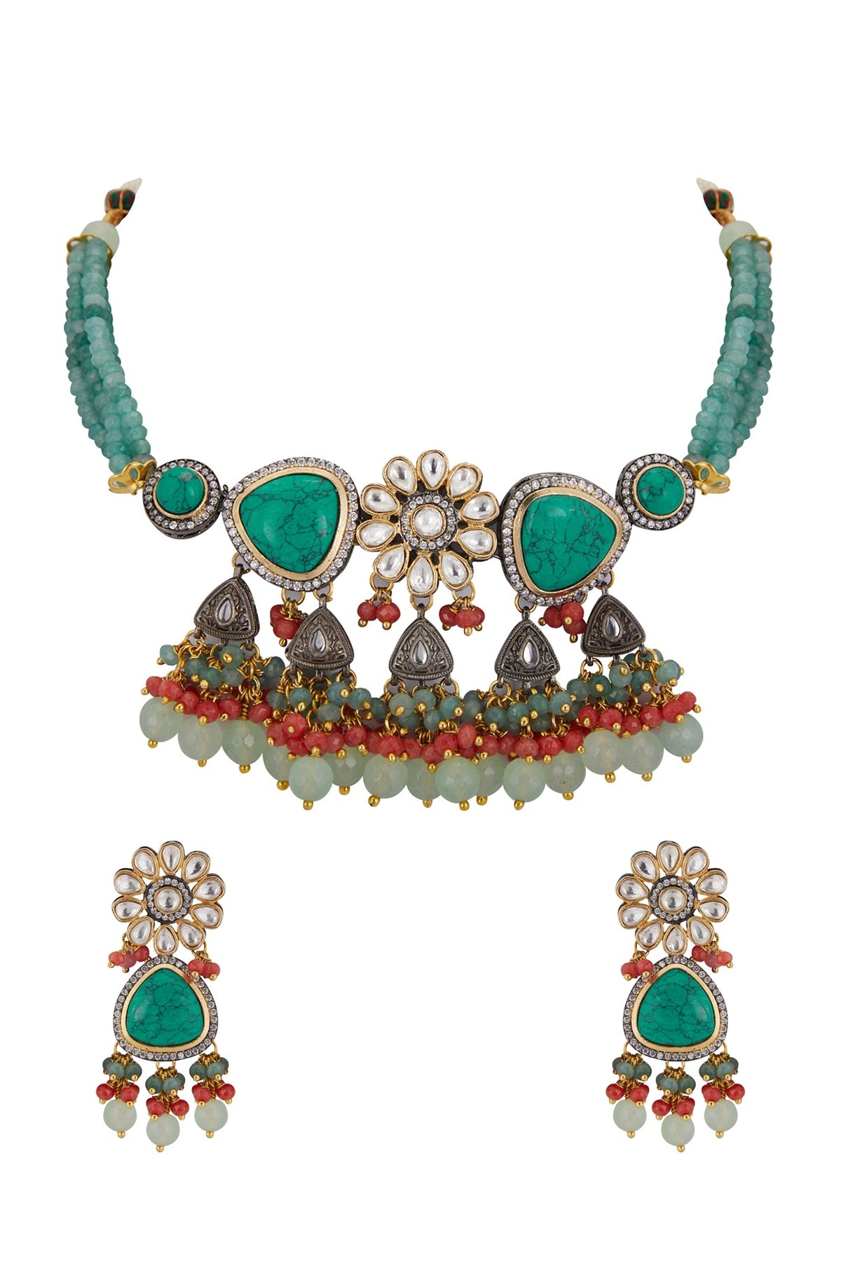 Gold Finish Turquoise Stone Necklace Set