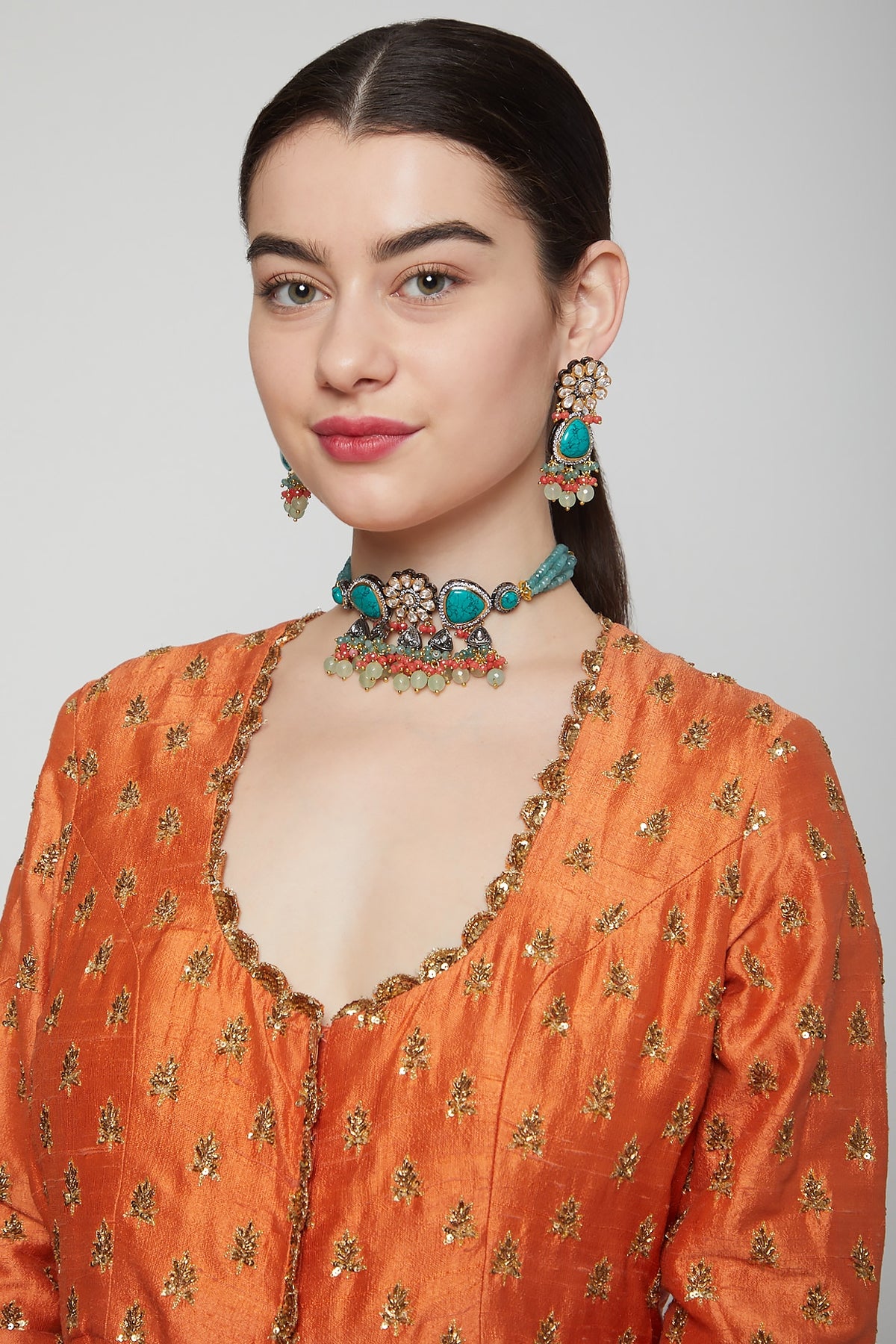 Gold Finish Turquoise Stone Necklace Set