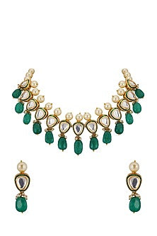 Gold Finish Necklace Set With Green Drops
