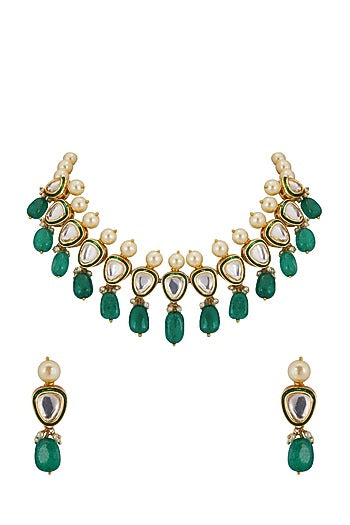 Gold Finish Necklace Set With Green Drops