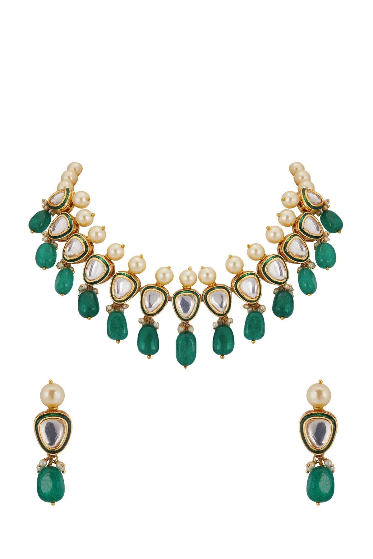 Gold Finish Necklace Set With Green Drops