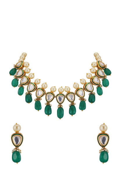 Gold Finish Necklace Set With Green Drops