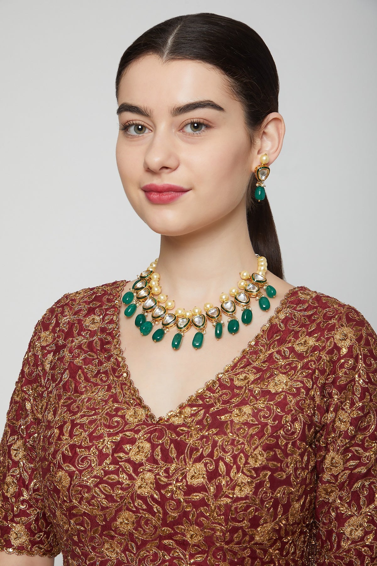 Gold Finish Necklace Set With Green Drops