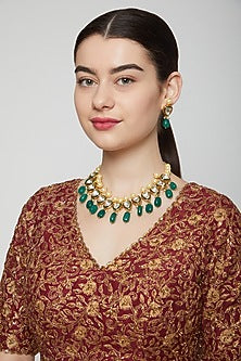 Gold Finish Necklace Set With Green Drops