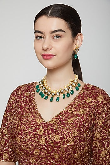 Gold Finish Necklace Set With Green Drops