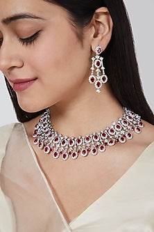 White Finish Red Faux Diamond Necklace Set