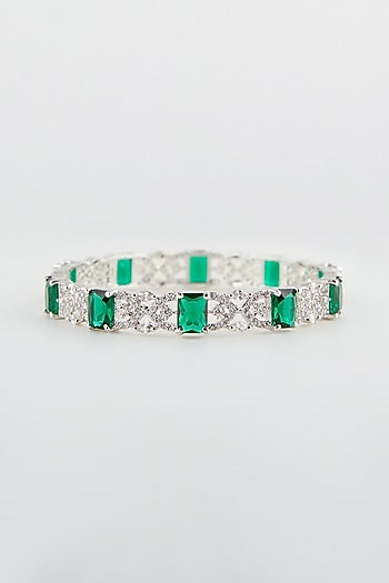 White Finish Green Synthetic Stone Bangles (Set Of 2)