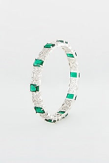 White Finish Green Synthetic Stone Bangles (Set Of 2)
