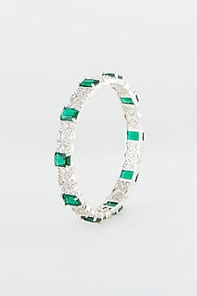 White Finish Green Synthetic Stone Bangles (Set Of 2)