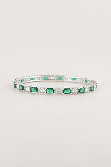 White Finish Green Stone & Faux Diamond Bangles (Set Of 2)