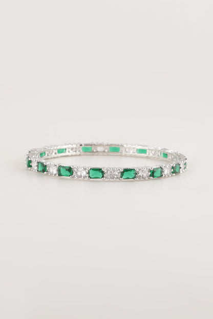 White Finish Green Stone & Faux Diamond Bangles (Set Of 2)
