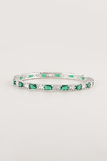 White Finish Green Stone & Faux Diamond Bangles (Set Of 2)