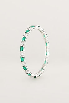 White Finish Green Stone & Faux Diamond Bangles (Set Of 2)