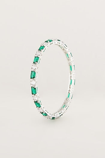White Finish Green Stone & Faux Diamond Bangles (Set Of 2)