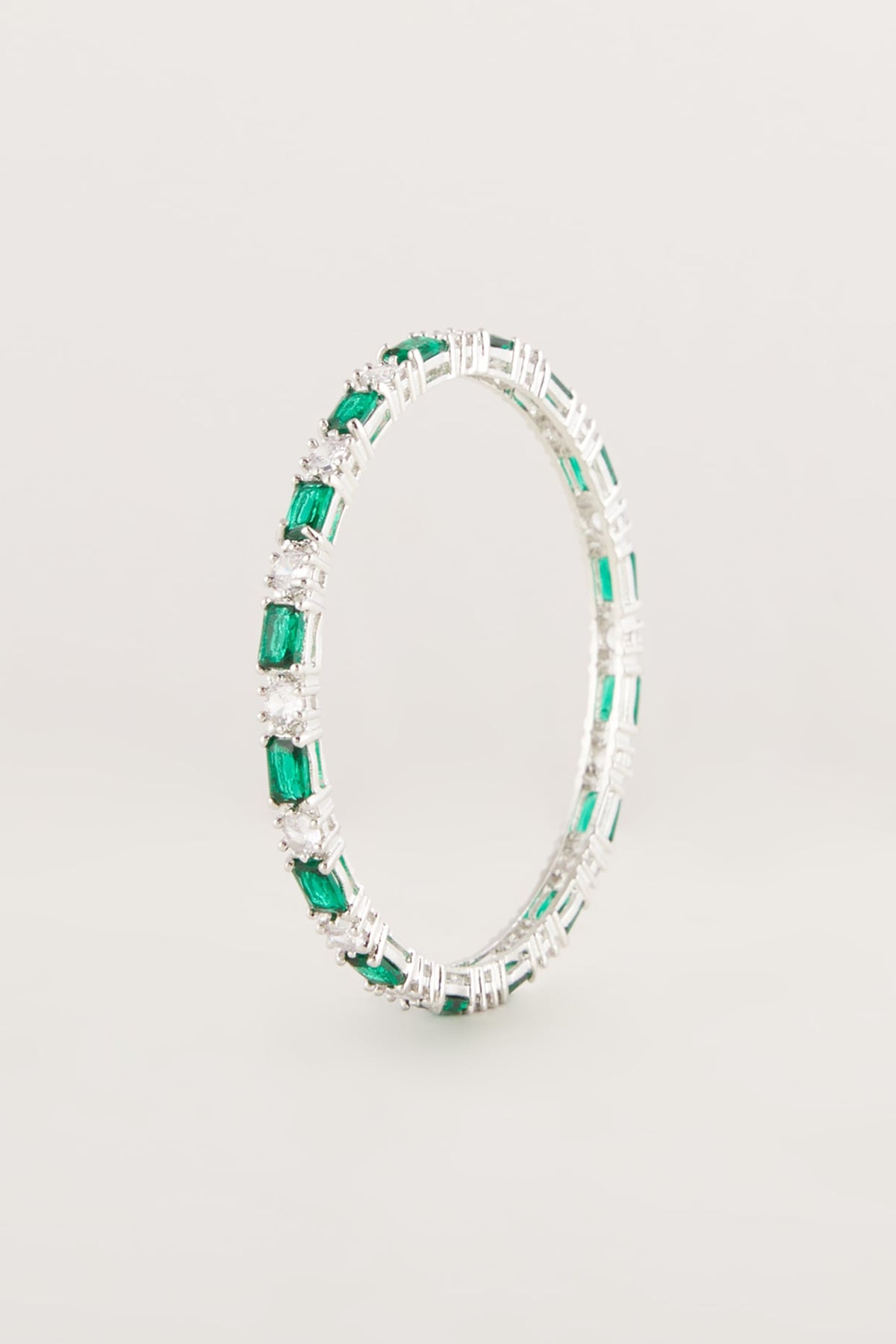White Finish Green Stone & Faux Diamond Bangles (Set Of 2)