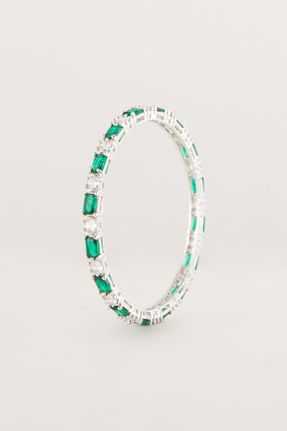 White Finish Green Stone & Faux Diamond Bangles (Set Of 2)