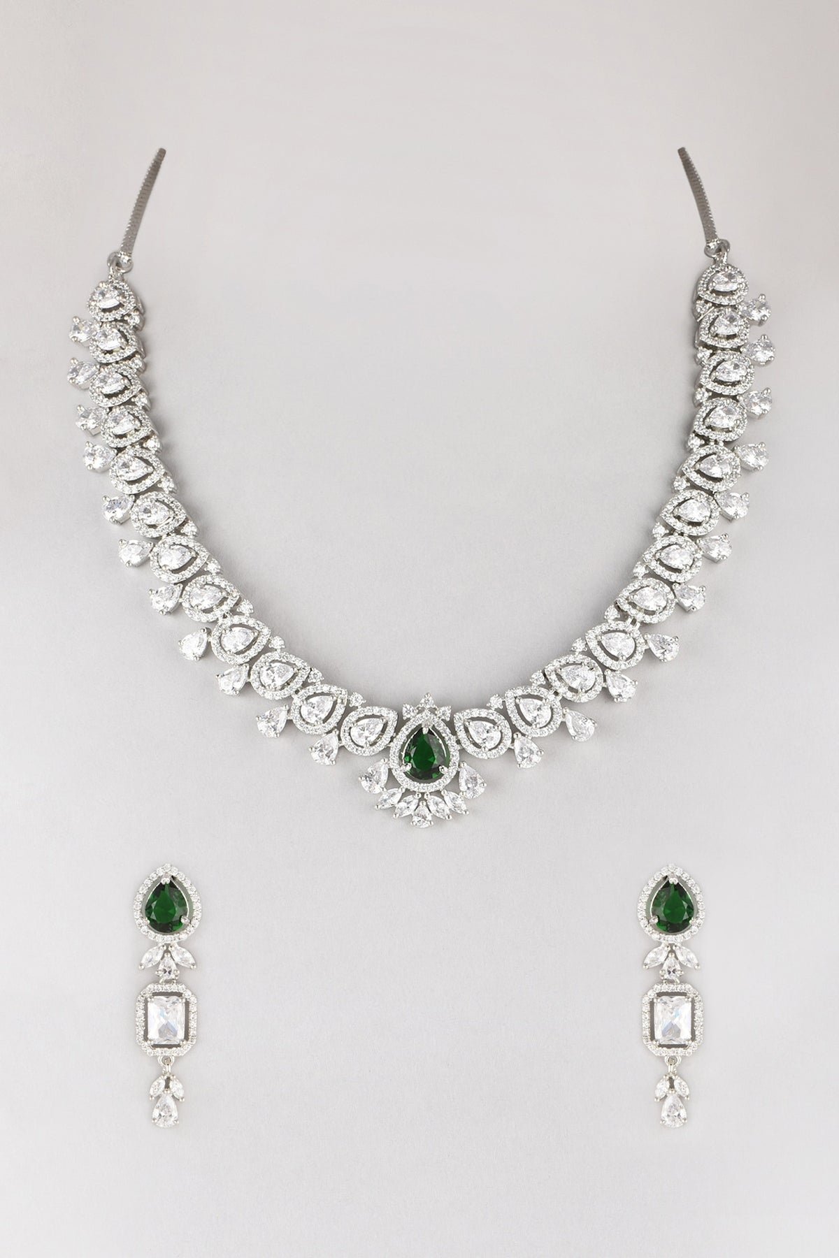 White Finish Green Stone & Zircon Necklace Set