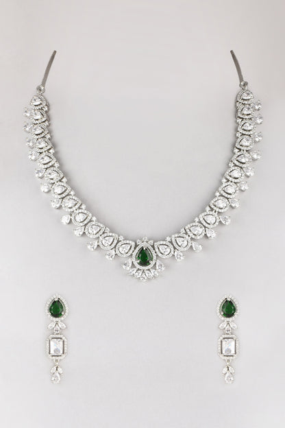 White Finish Green Stone & Zircon Necklace Set