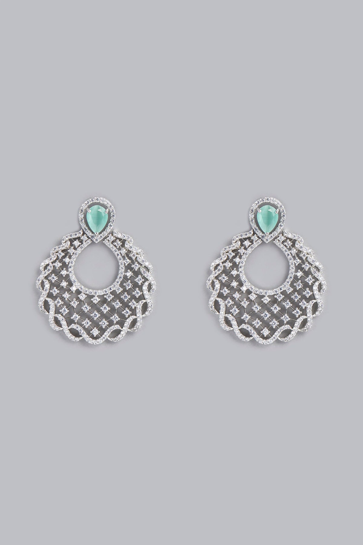 White Finish Aqua Stone & Zircon Dangler Earrings