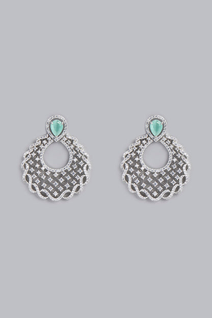 White Finish Aqua Stone & Zircon Dangler Earrings