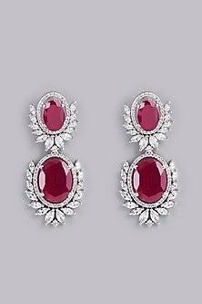 White Finish Red Stone Dangler Earrings