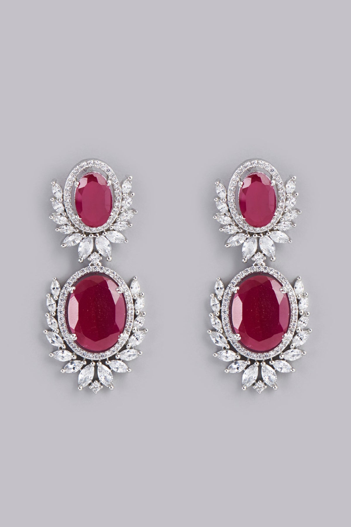 White Finish Red Stone Dangler Earrings