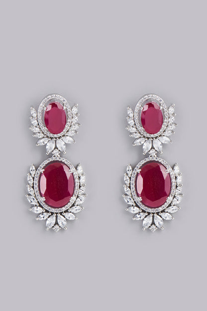 White Finish Red Stone Dangler Earrings