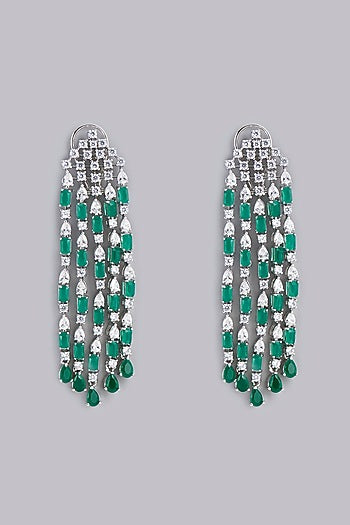White Finish Green Stone Dangler Earrings
