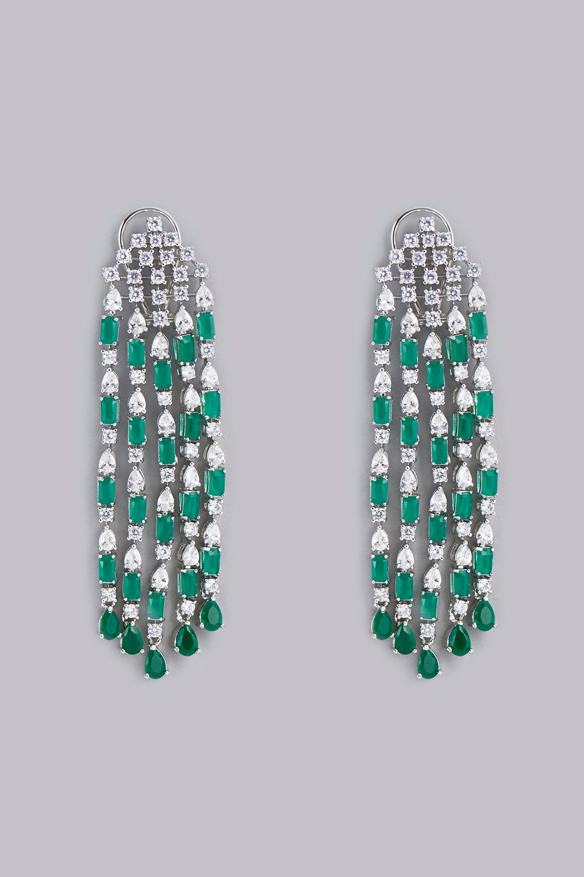 White Finish Green Stone Dangler Earrings