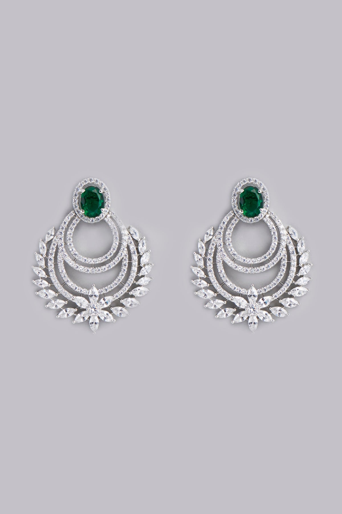 White Finish Green Stone & Zircon Dangler Earrings