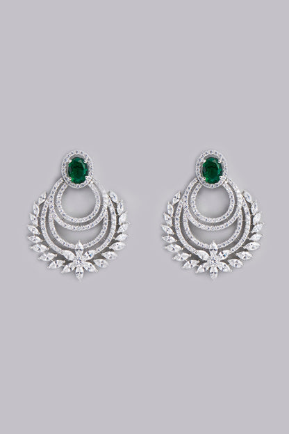 White Finish Green Stone & Zircon Dangler Earrings